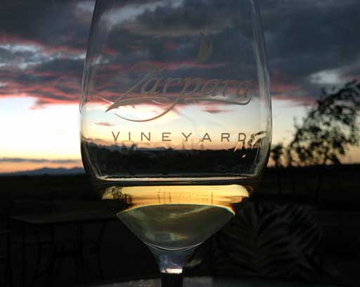 Viognier wine in glass with sunset background